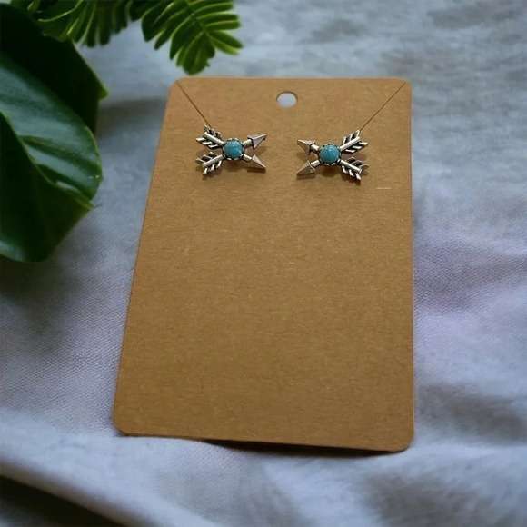 Bohemian Silver Turquoise Stone Arrow Stud Earrings - Picture 1 of 5